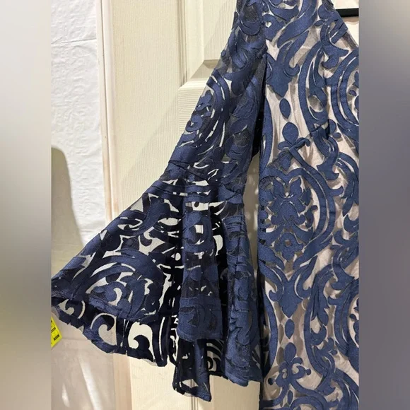 MSK Navy Blue Patterned bell Sleeve Dress with nude lining - Picture 5 of 9